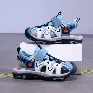 Boys outdoor sports closed-toe beach sandals with non-slip soft soles and blue accents