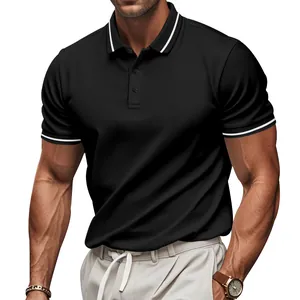 Detailed view of men's black quick-dry Polo shirt featuring white striped collar and cuffs
