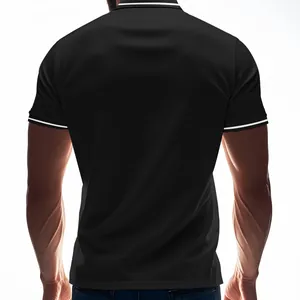 Detailed back view of unisex black quick-dry polo shirt with white striped collar.