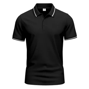 Professional front view of a black quick-dry polo shirt with white stripes on the collar.
