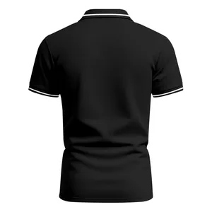 Back view of a black quick-drying Polo shirt featuring white contrast striped collar and cuffs