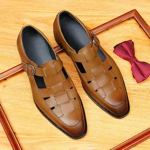 Men's Cowhide Leather Woven Sandals British Style Hollow Out Buckle Monk Strap Casual Breathable Summer Sandals For Men Office Outdoor