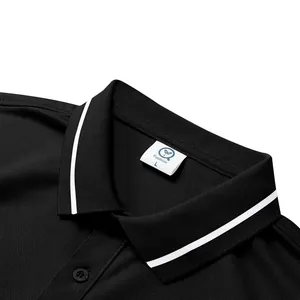 Detail of a black breathable mesh Polo shirt collar with white stripes and size tag.