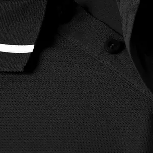 Close-up of breathable black quick-dry Polo shirt showing mesh fabric and button detail.