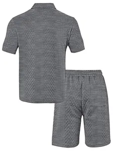 Detailed back view of men's gray textured jacquard short-sleeve polo and shorts set