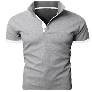 Front view of a men's gray short-sleeved Polo shirt with stylish white trim