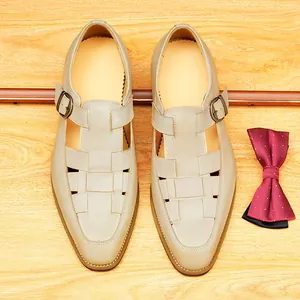 Classic men's beige leather Roman woven sandals with breathable closed toe and buckle strap