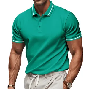 Detailed view of a teal quick-dry polo shirt with white striped collar and cuffs