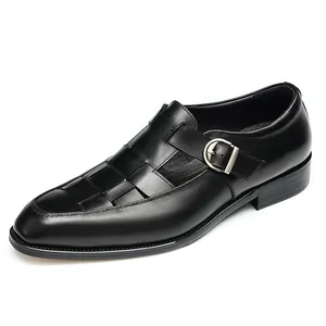 Premium men's breathable woven black leather sandals with monk strap silver buckle