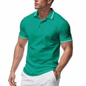 Detailed view of teal quick-dry polo shirt with white trim on collar and sleeves