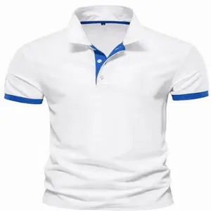 Close-up detail of white men's polo shirt featuring elegant blue collar trim and cuffs
