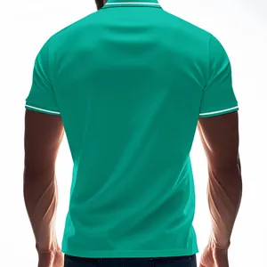 Rear view of a quick-dry turquoise Polo shirt with white striped collar details.