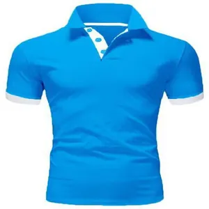 Front detail of a bright blue men's short sleeve polo shirt with white trim accents