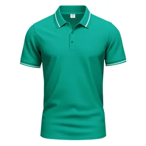 Front view of a green quick-dry polo shirt with white striped collar and sleeve cuffs.