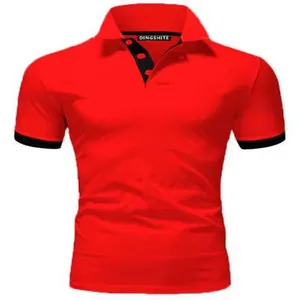 Detailed view of vibrant red men's short-sleeved polo shirt with black collar trim