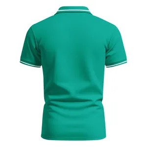 Rear view detail of quick-dry teal polo shirt with white striped collar and cuffs