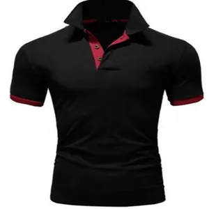 Slim fit men's black polo shirt with red contrast collar and sleeve cuff details.