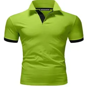 Slim fit lime green polo shirt featuring black contrast collar and ribbed cuffs detail