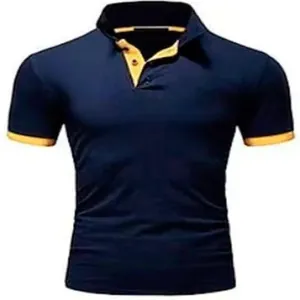 Detail view of navy blue men's Polo shirt with yellow contrast trim