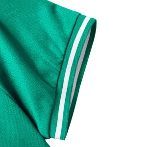 Macro view of quick-dry athletic polo shirt sleeve with green mesh fabric and white stripes