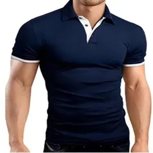 Men's slim fit navy blue polo shirt with white contrast collar and sleeve trim details.