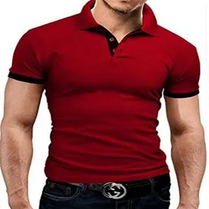 Close-up detail of a men's slim-fit red polo shirt featuring contrasting black collar trim.