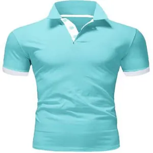 Men's turquoise short-sleeved polo shirt with white contrast collar and cuffs detail.