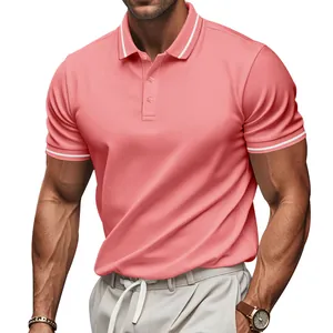 Detailed view of pink quick-dry Polo shirt with striped collar and cuffs