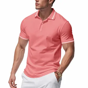 Classic coral pink short-sleeve Polo shirt for men featuring white tipping on the collar