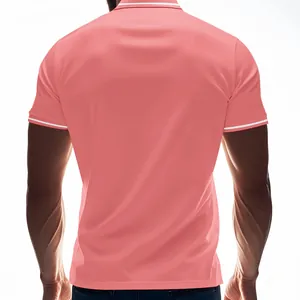 Rear view of a pink British style quick-dry Polo shirt with white striped trim