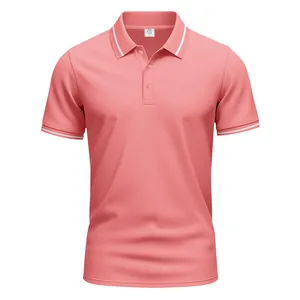 Detailed view of salmon pink Polo shirt featuring white striped collar and sleeve cuffs.