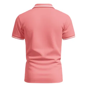 Back view of a coral pink quick-dry polo shirt with white striped collar and cuffs.
