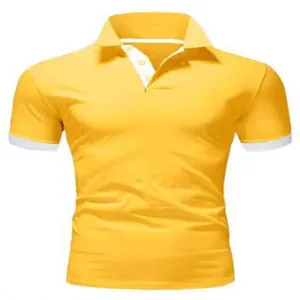Modern men's yellow short-sleeved Polo shirt with contrast white collar and cuffs trim