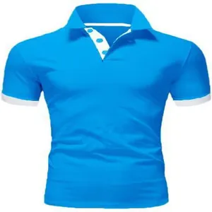 Vibrant blue men's short sleeve polo shirt featuring white trim on collar and cuffs