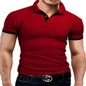 Vibrant red slim-fit short-sleeved polo shirt for men featuring stylish black collar accents