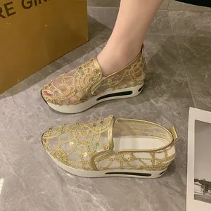 Damen Atmungsaktiv Mesh Spitze Pailletten Plateauschuhe Wedge Sneaker Slip On Casual Erhöhung Dicke Sohle Sommer Schuhe