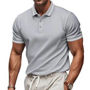 Detail of athletic fit grey quick-dry polo shirt featuring white striped collar and cuffs