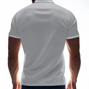 Back view detail of a gray quick-drying Polo shirt with white striped sleeve cuffs