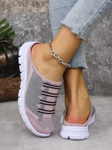 Women's pink mesh mules, breathable knit slip-on sneakers for stylish casual outdoor wear