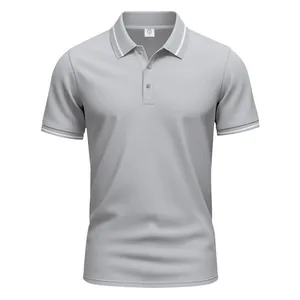 Detailed view of a grey quick-dry polo shirt with white stripes on collar and cuffs.