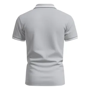 Back view of a light grey quick-dry unisex polo shirt with white striped collar and cuffs