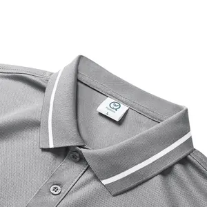 Detail of a grey Polo shirt collar showing quick-dry mesh fabric texture and white striped trim.