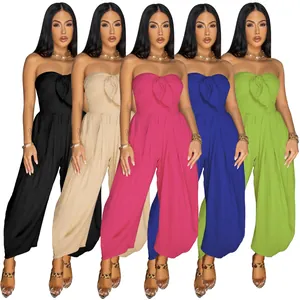 Detailed view of strapless wide-leg jumpsuits available in five vibrant summer colors