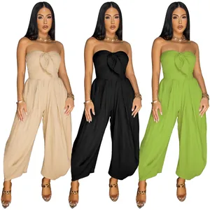 Sexy strapless knotted wide-leg jumpsuits in beige black and lime green for summer