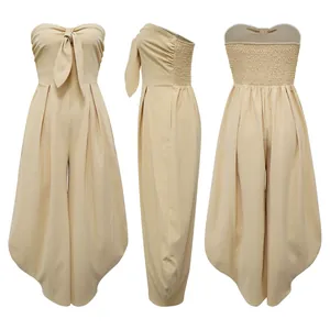 Detailed three-view shot of beige strapless jumpsuit featuring front bow and wide harem legs