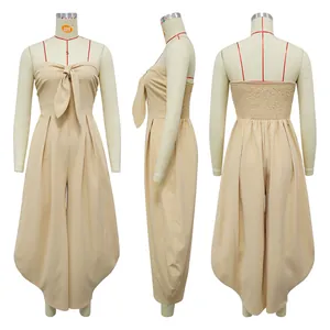 Three-view detail of a beige tube top jumpsuit with front knot bow and smocked back design