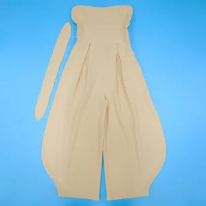 Detail view of beige strapless jumpsuit with elegant wide-leg design and matching sash