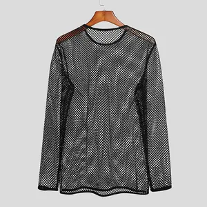 Back view detail of men's black mesh long sleeve t-shirt showing breathable fishnet texture