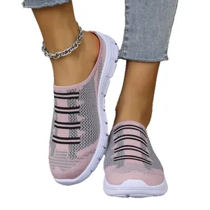 Stylish women's breathable pink and grey mesh slip-on sneakers for summer casual comfort
