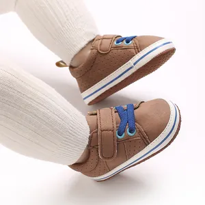 Brown baby walking shoes with blue laces and soft sole for infant boys birthday gift